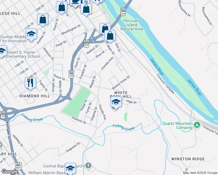 map of restaurants, bars, coffee shops, grocery stores, and more near 2224 Poplar Street in Lynchburg