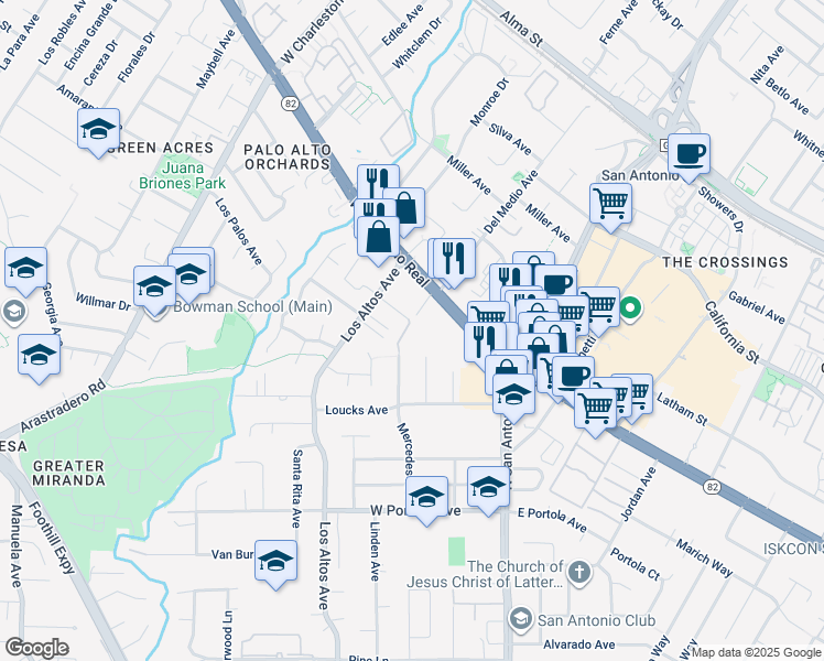 map of restaurants, bars, coffee shops, grocery stores, and more near 1070 Mercedes Avenue in Los Altos