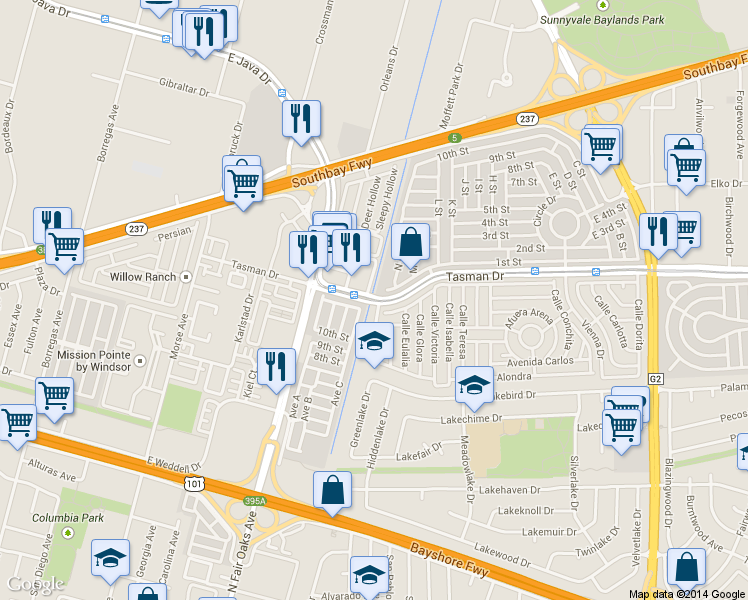 map of restaurants, bars, coffee shops, grocery stores, and more near 213 11th Street in Sunnyvale