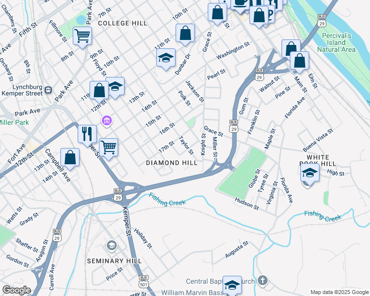 map of restaurants, bars, coffee shops, grocery stores, and more near 1719 1/2 Taylor Street in Lynchburg