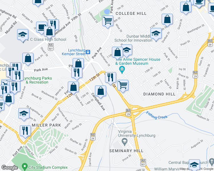 map of restaurants, bars, coffee shops, grocery stores, and more near 1401 Kemper Street in Lynchburg
