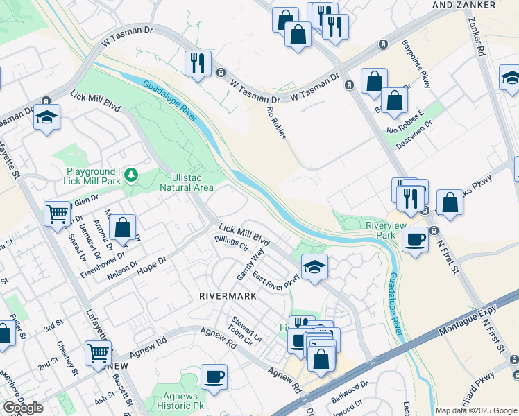 map of restaurants, bars, coffee shops, grocery stores, and more near 4509 Laird Circle in Santa Clara