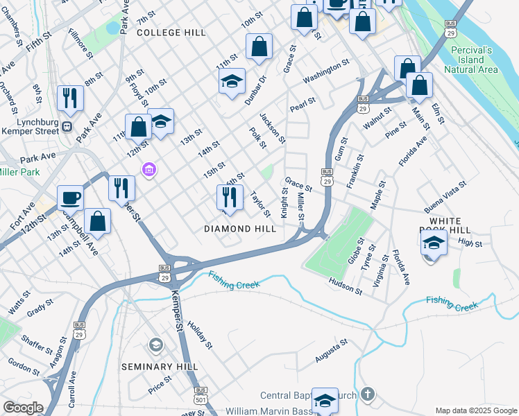 map of restaurants, bars, coffee shops, grocery stores, and more near 1719 1/2 Taylor Street in Lynchburg