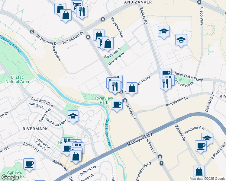 map of restaurants, bars, coffee shops, grocery stores, and more near 708 55 River Oaks Place in San Jose