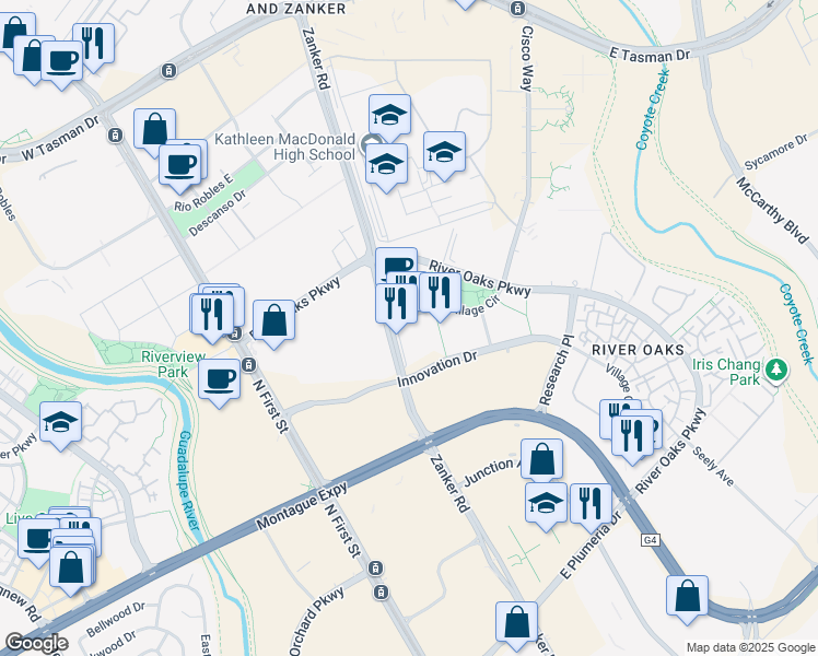 map of restaurants, bars, coffee shops, grocery stores, and more near 3250 Zanker Road in San Jose