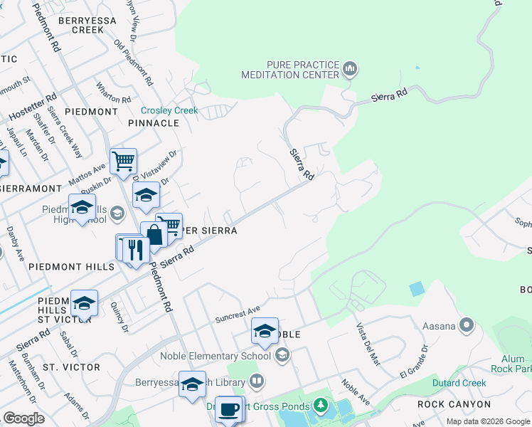 map of restaurants, bars, coffee shops, grocery stores, and more near 3440 Sierra Road in San Jose