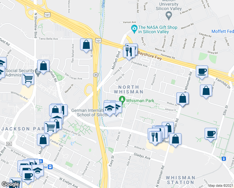 map of restaurants, bars, coffee shops, grocery stores, and more near Walker Dr & Taylor Ct in Mountain View