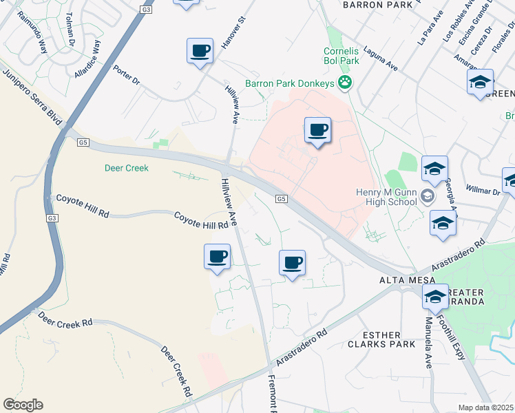 map of restaurants, bars, coffee shops, grocery stores, and more near 3405 Hillview Avenue in Palo Alto