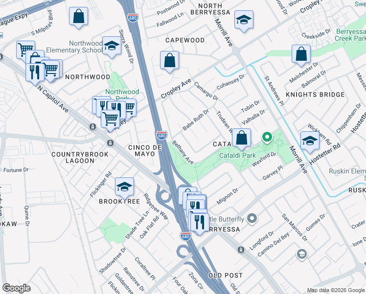 map of restaurants, bars, coffee shops, grocery stores, and more near 1816 Bethany Avenue in San Jose
