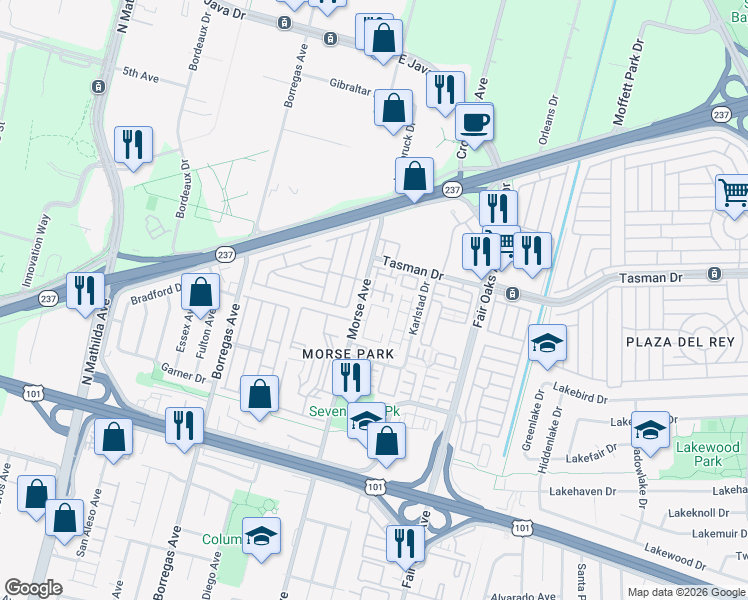 map of restaurants, bars, coffee shops, grocery stores, and more near 440 Topaz Terrace in Sunnyvale