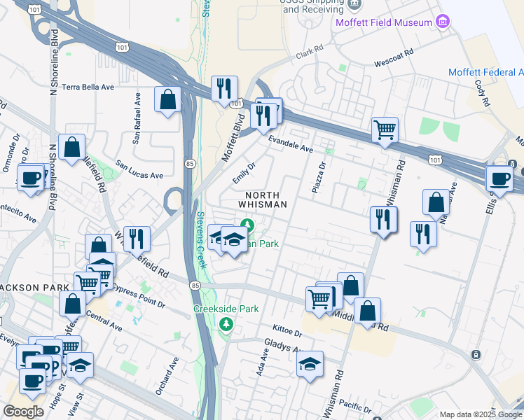 map of restaurants, bars, coffee shops, grocery stores, and more near 510 Walker Drive in Mountain View