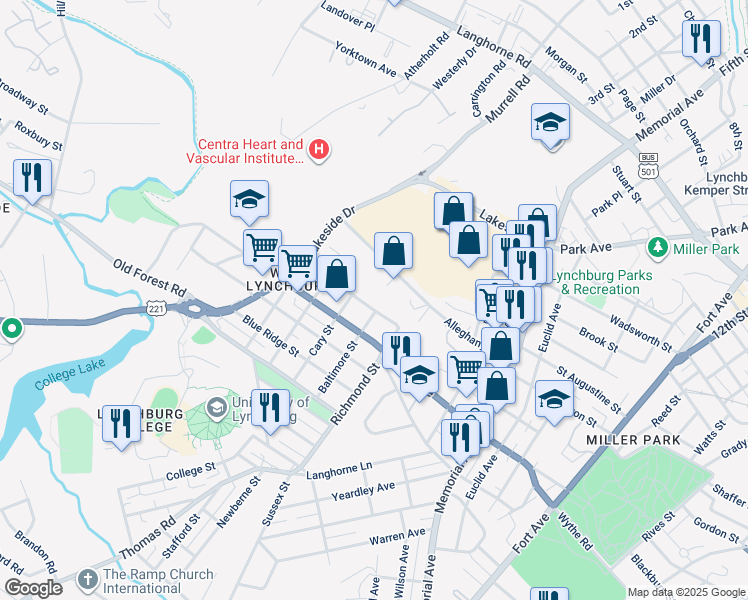 map of restaurants, bars, coffee shops, grocery stores, and more near 804 Rockbridge Avenue in Lynchburg