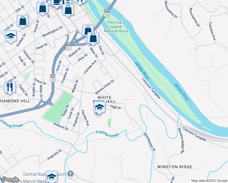 map of restaurants, bars, coffee shops, grocery stores, and more near 2508 Davis Street in Lynchburg