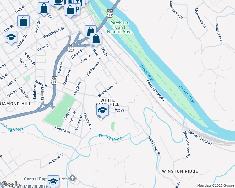 map of restaurants, bars, coffee shops, grocery stores, and more near 2508 Davis Street in Lynchburg