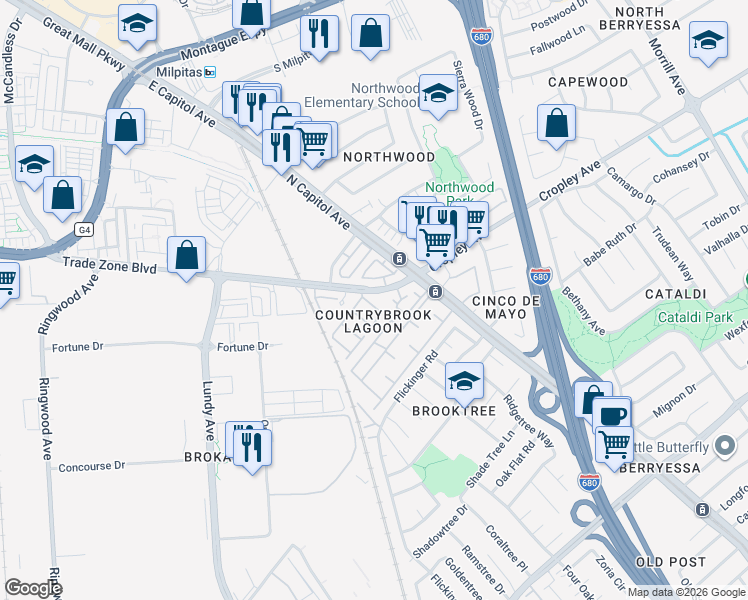 map of restaurants, bars, coffee shops, grocery stores, and more near 1990 Garden Bing Circle in San Jose
