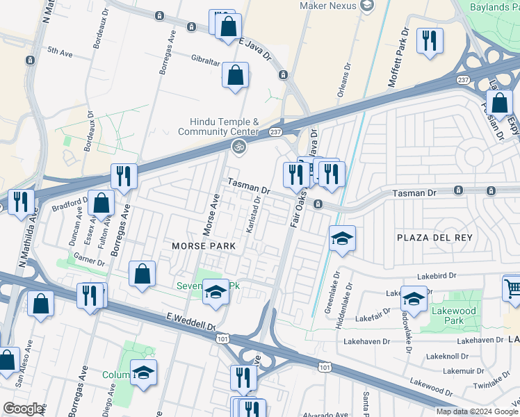 map of restaurants, bars, coffee shops, grocery stores, and more near 1131 Munich Terrace in Sunnyvale