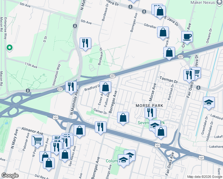 map of restaurants, bars, coffee shops, grocery stores, and more near 120 Plaza Drive in Sunnyvale