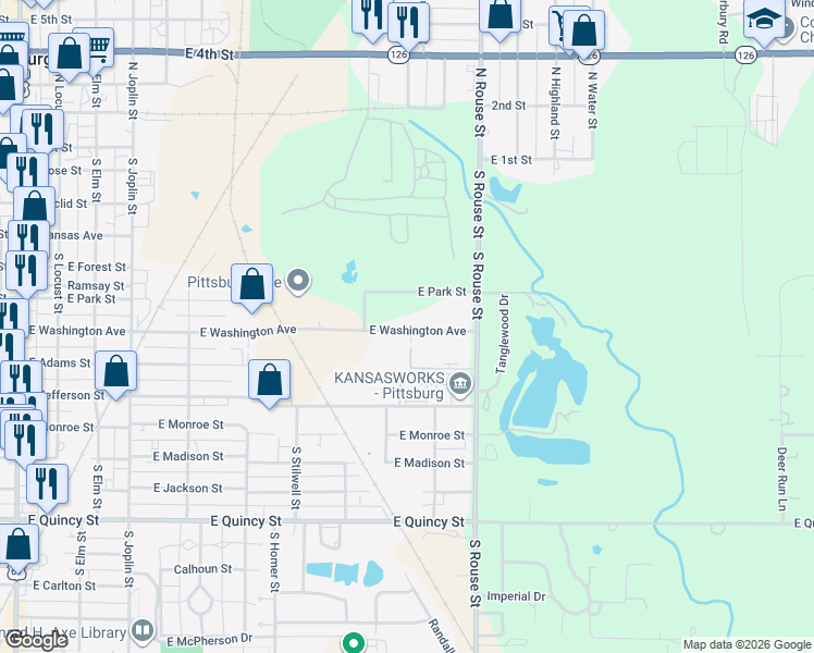 map of restaurants, bars, coffee shops, grocery stores, and more near 901-1099 East Washington Street in Pittsburg