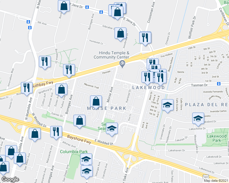 map of restaurants, bars, coffee shops, grocery stores, and more near 440 Topaz Terrace in Sunnyvale
