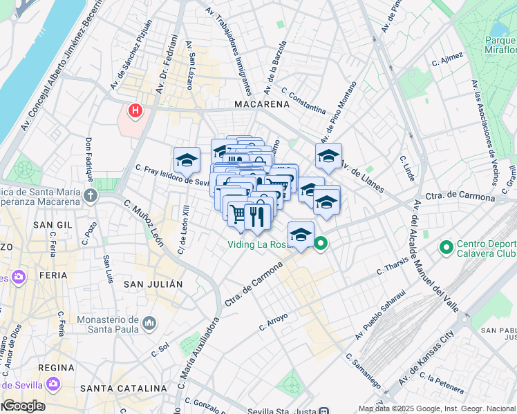 map of restaurants, bars, coffee shops, grocery stores, and more near 4A Calle Previsión in Sevilla