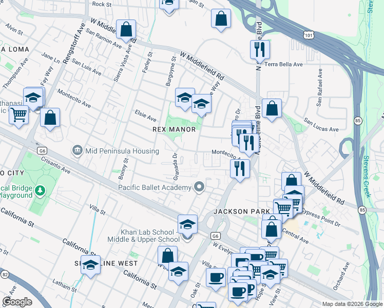 map of restaurants, bars, coffee shops, grocery stores, and more near 458 Poppy Place in Mountain View