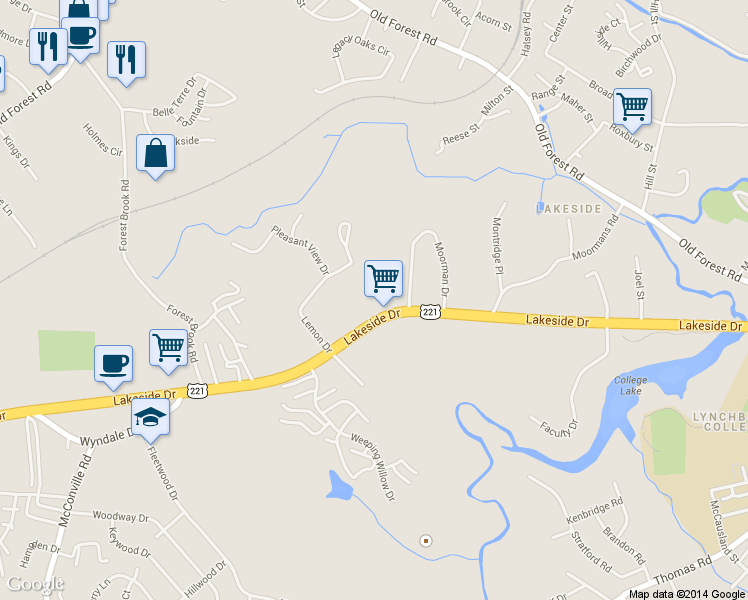map of restaurants, bars, coffee shops, grocery stores, and more near 2008 Lakeside Drive in Lynchburg