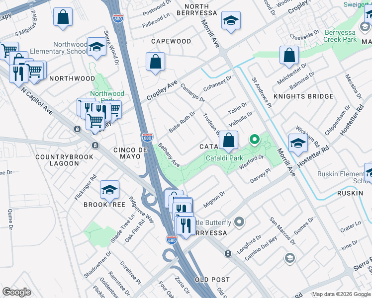 map of restaurants, bars, coffee shops, grocery stores, and more near 2737 Kesey Lane in San Jose