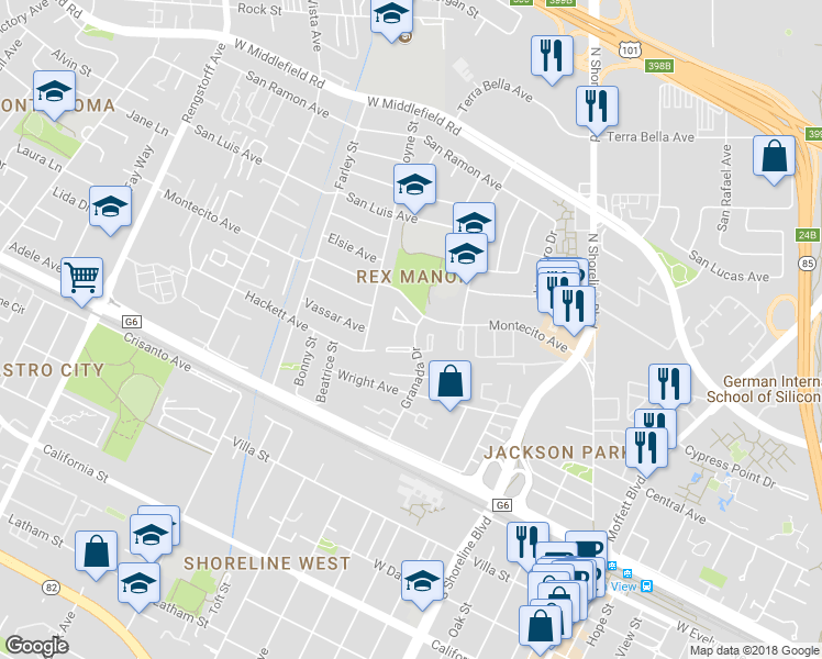 map of restaurants, bars, coffee shops, grocery stores, and more near 1503 Lilac Lane in Mountain View