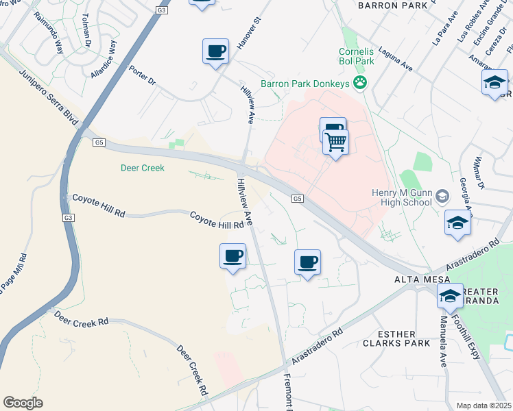 map of restaurants, bars, coffee shops, grocery stores, and more near 3403 Hillview Avenue in Palo Alto