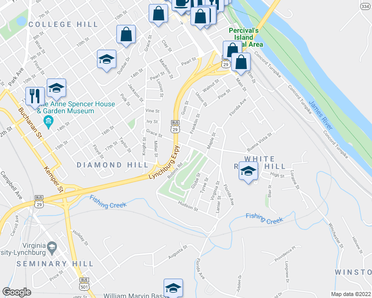 map of restaurants, bars, coffee shops, grocery stores, and more near 2006 Grace Street in Lynchburg