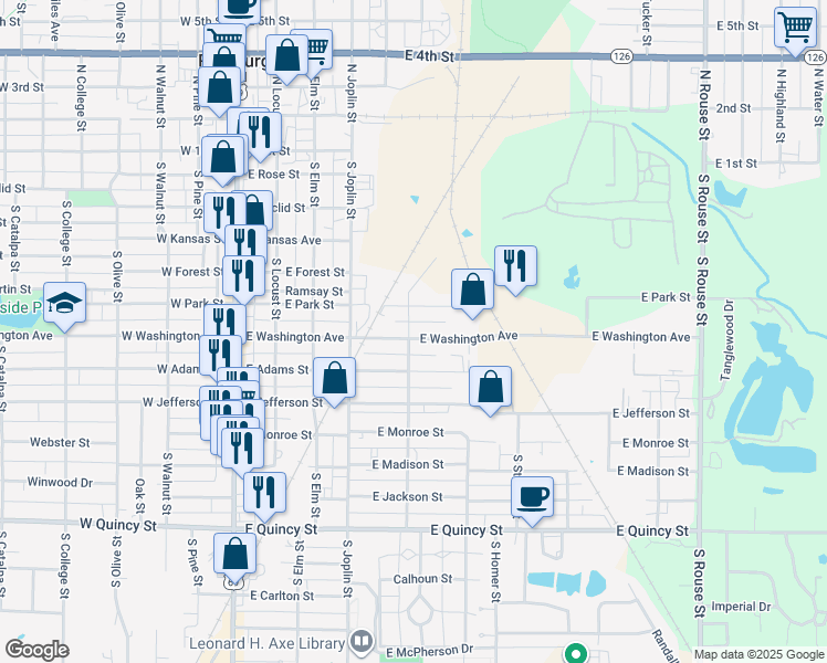 map of restaurants, bars, coffee shops, grocery stores, and more near 501 East Washington Street in Pittsburg