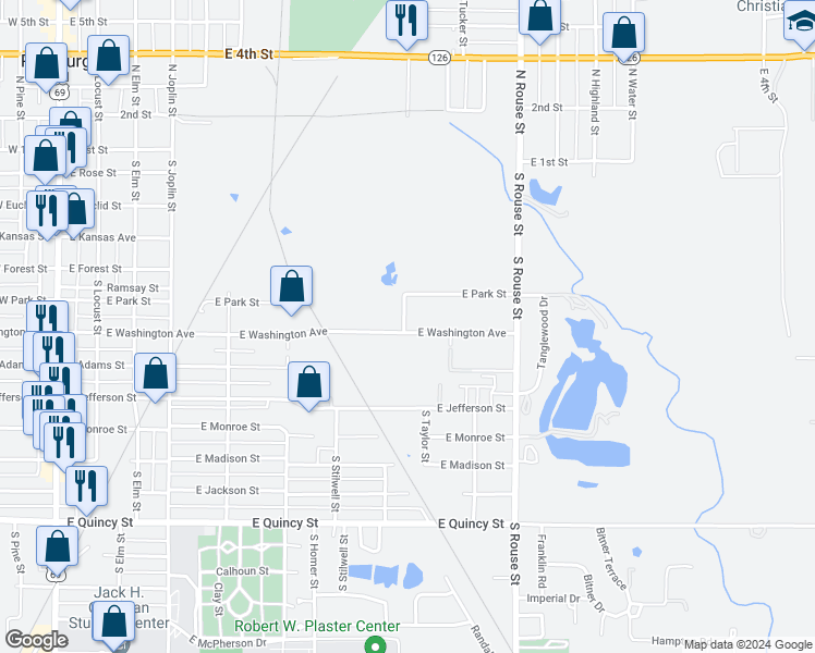 map of restaurants, bars, coffee shops, grocery stores, and more near 901 East Washington Street in Pittsburg