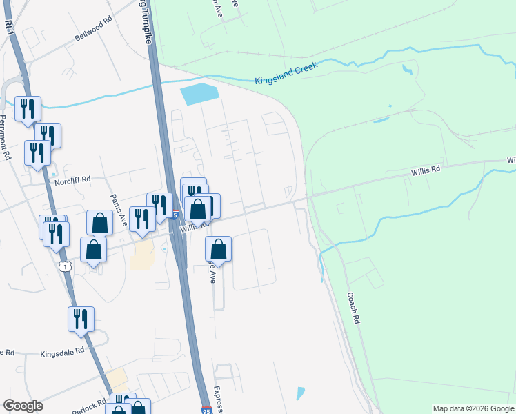 map of restaurants, bars, coffee shops, grocery stores, and more near 1912 Willis Road in Richmond