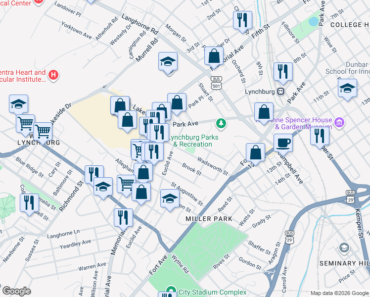 map of restaurants, bars, coffee shops, grocery stores, and more near 212 Wadsworth Street in Lynchburg