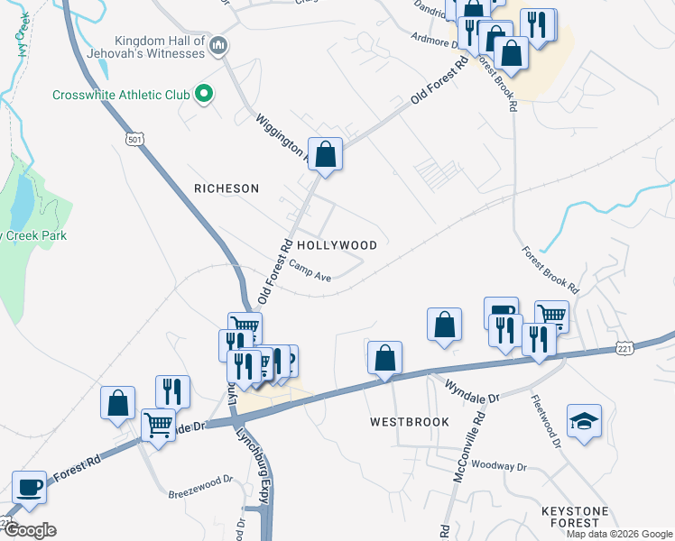 map of restaurants, bars, coffee shops, grocery stores, and more near 123 Camp Avenue in Lynchburg