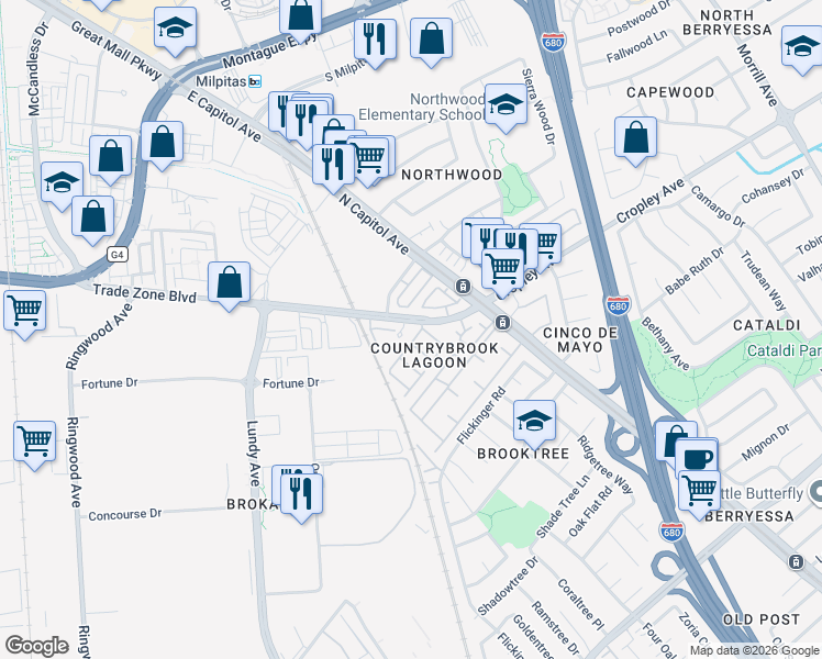 map of restaurants, bars, coffee shops, grocery stores, and more near 2501 Jubilee Lane in San Jose