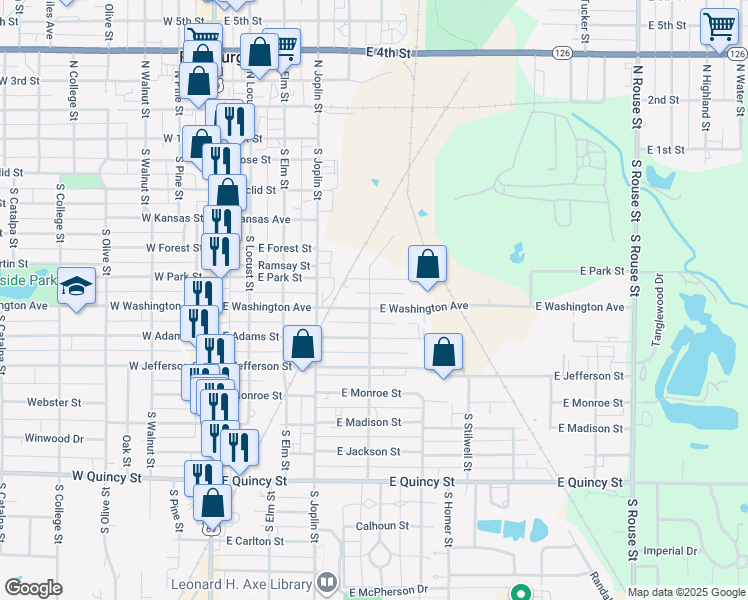 map of restaurants, bars, coffee shops, grocery stores, and more near 501 East Washington Street in Pittsburg