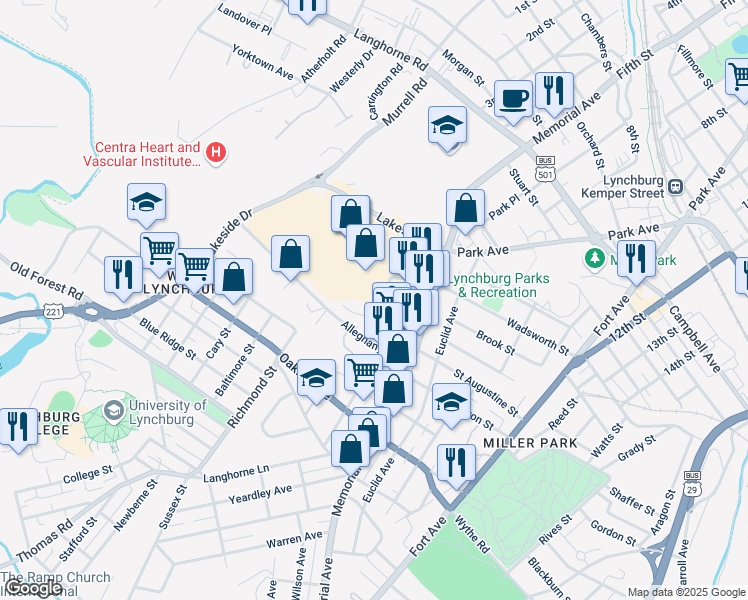 map of restaurants, bars, coffee shops, grocery stores, and more near 541 Wilton Avenue in Lynchburg