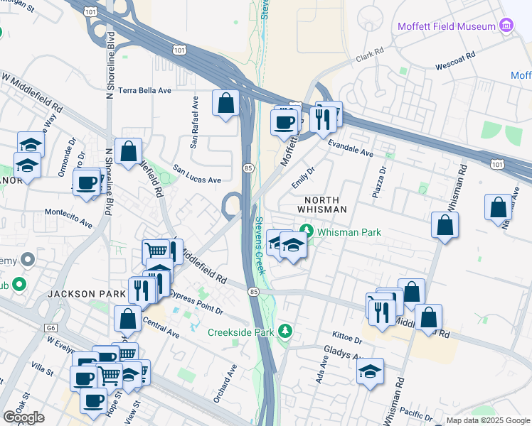 map of restaurants, bars, coffee shops, grocery stores, and more near 650 Alamo Court in Mountain View