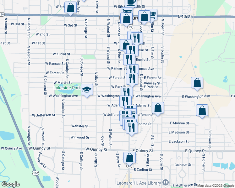 map of restaurants, bars, coffee shops, grocery stores, and more near 114 West Washington Street in Pittsburg