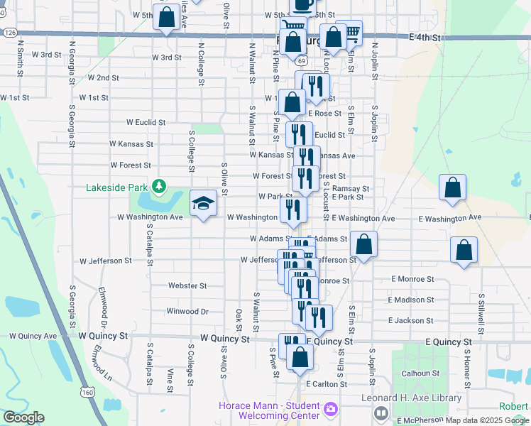 map of restaurants, bars, coffee shops, grocery stores, and more near 120 West Washington Street in Pittsburg