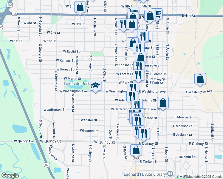 map of restaurants, bars, coffee shops, grocery stores, and more near 212 West Washington Street in Pittsburg