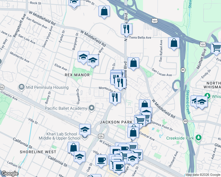 map of restaurants, bars, coffee shops, grocery stores, and more near 1296 Montecito Avenue in Mountain View