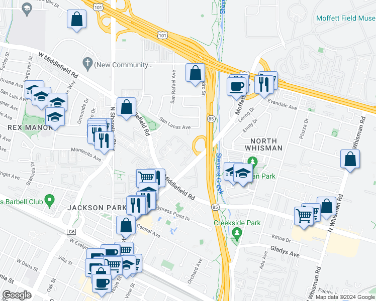 map of restaurants, bars, coffee shops, grocery stores, and more near 927 Mariner Drive in Mountain View