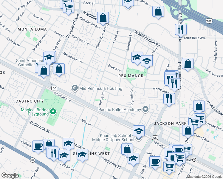map of restaurants, bars, coffee shops, grocery stores, and more near 1793 Vassar Avenue in Mountain View
