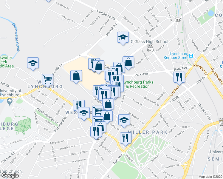 map of restaurants, bars, coffee shops, grocery stores, and more near 656 Wilton Avenue in Lynchburg