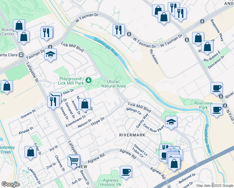map of restaurants, bars, coffee shops, grocery stores, and more near 1550 Vista Club Cir in Santa Clara