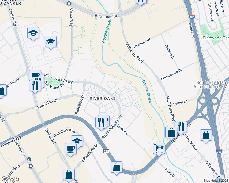 map of restaurants, bars, coffee shops, grocery stores, and more near 476 Mill River Lane in San Jose