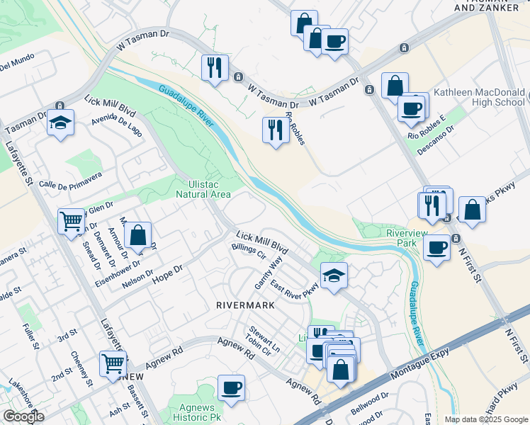 map of restaurants, bars, coffee shops, grocery stores, and more near 4509 Laird Circle in Santa Clara