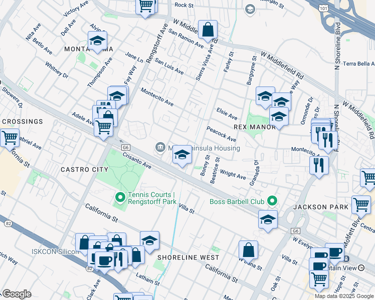 map of restaurants, bars, coffee shops, grocery stores, and more near 1909 Hackett Avenue in Mountain View